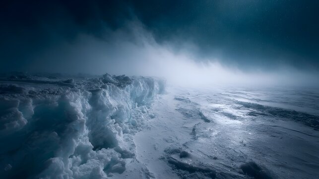 A dramatic windswept icy landscape shrouded in mist under a dark stormy sky highlighting rugged ice formations
