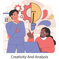 Diverse Business Team Collaborating On Creative Analysis Project With Lightbulb Gear And Data Charts In Flat Design Style