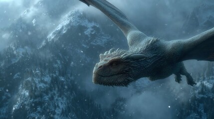 Obraz premium Dragon soars above snowy mountains in a fantasy or mythical setting.