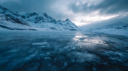 Fototapeta premium Dramatic winter landscape featuring a frozen expanse with reflective ice and snow capped mountains under a cloudy dawn sky