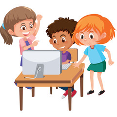 Diverse Group Of Children Excitedly Gathered Around A Computer Screen In A Brightly Lit Room Demonstrating Teamwork And Learning