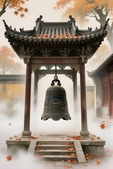 Obraz premium a Buddhist temple bell ringing through autumn mist, symbolizing awakening and calm