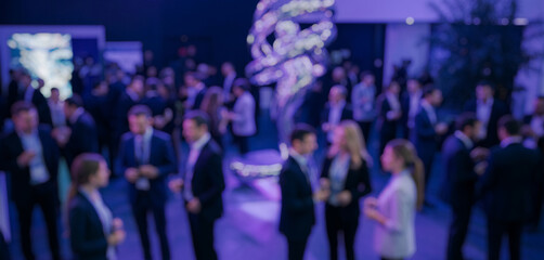 Blurred business professionals networking at a dimly lit corporate event, emphasizing professional connection, discussion, and engagement in a stylish and modern office gathering.