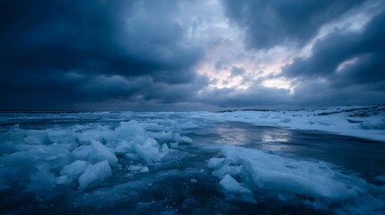Obraz premium A dramatic frozen landscape at dusk with fractured ice under a stormy cloudy sky