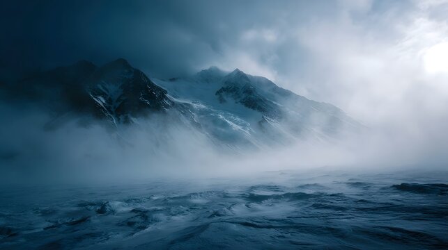 Dramatic snowy mountain peaks shrouded in dense fog and swirling mist under a stormy sky