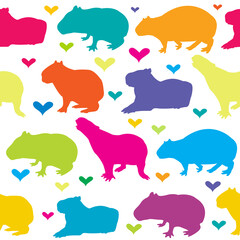 Colorful capybara seamless background with hearts