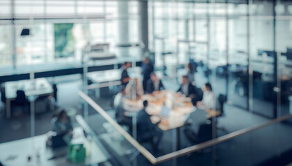 Blurred modern office meeting with people around a conference table, showing a professional atmosphere of teamwork, leadership, and communication in a bright collaborative workspace.