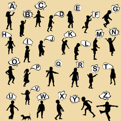 Children silhouette with speech bubbles with the letters of the alphabet