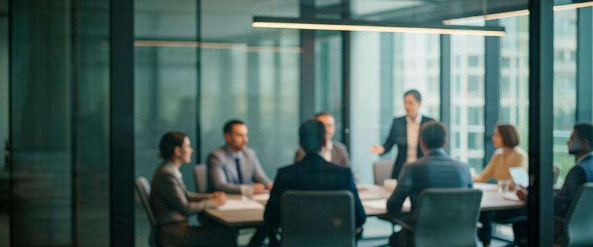 Business people meeting around a table in a modern office setting, collaborating on ideas and strategies under bright natural light that enhances teamwork and a professional atmosphere.