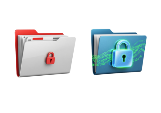 Secure folder bundle with digital lock isolated on transparent background