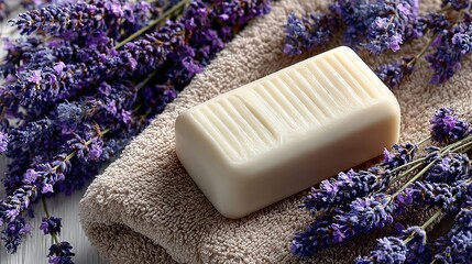 Soap bar on towel with lavender flowers in background.