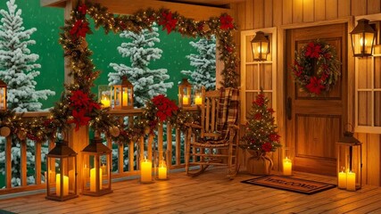 Cozy christmas porch with snow, lights, and poinsettias - Powered by Adobe
