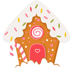 Gingerbread House Decorated With Icing Sprinkles And Candy Cane Candy On A Transparent Background With A Heart On The Door