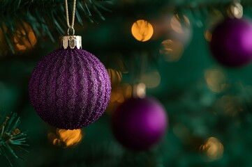 Close up of sparkling purple christmas ornaments hanging on a green pine tree with soft bokeh lights in the background