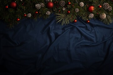 Festive christmas tree branches adorned with red baubles and pine cones draped over a dark navy blue fabric background