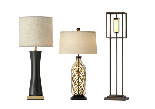 Three lamps of varying designs with neutral lampshades