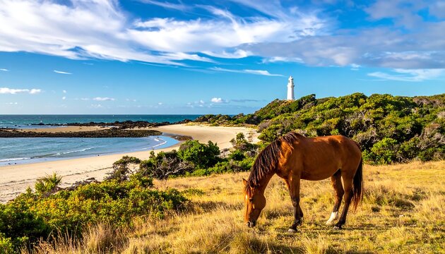 A serene coastal view shows a brown horse grazing, with a white lighthouse atop a grassy hill in the background - Powered by Adobe