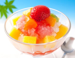 Refreshing Mixed Fruit Shaved Ice Dessert With Strawberry Topping