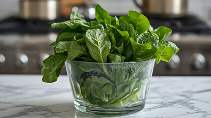 Fresh, green spinach leaves are piled in a clear glass bowl on a marble countertop in a kitchen setting.