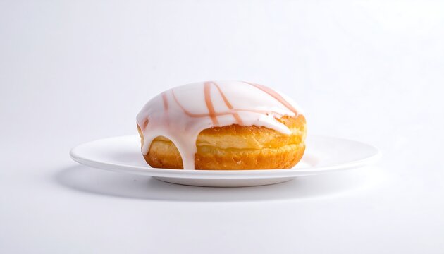 A donut with white icing and pink drizzle sits atop a small white plate, isolated on a white backdrop