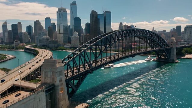 elevated panoramic vista depicting a major transportation artery leading towards a significant bridge crossing a large body of water  with a view oriented towards a dense urban core under clear