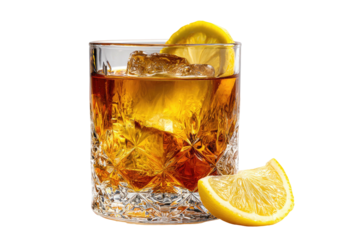 Whiskey on ice, in cut glass, lemon garnish