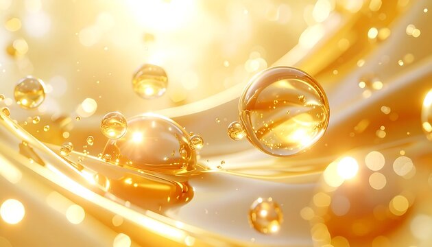 Golden liquid with floating bubbles and bokeh lights, creating an ethereal, luxurious feel
