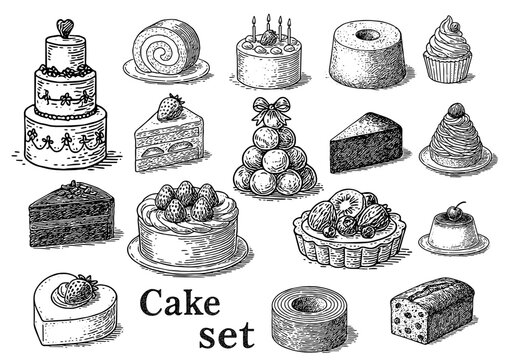 手描きペン画のケーキセットイラスト、Hand-drawn Cake Set Illustration