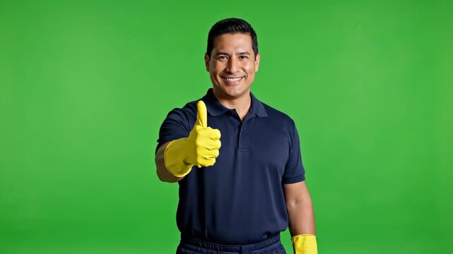 A man in a polo shirt gives a thumbs up with yellow gloves on a vibrant green backdrop