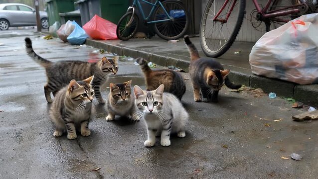 Group of Young Stray Felines Without a Permanent Home Roaming Together on an Unclean Urban Pavement in Need of Rescue and