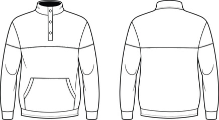 Half button pullover sweatshirt front and back flat fashion sketch vector template with kangaroo pocket and long sleeve casual design