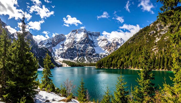 A serene lake surrounded by lush green trees and snow-capped mountains under a bright blue, partly cloudy sky
