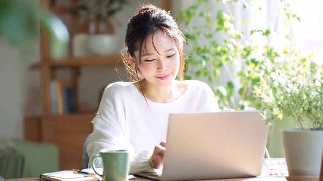 パソコンで作業する若い女性。在宅ワーク。（AI_011-C）