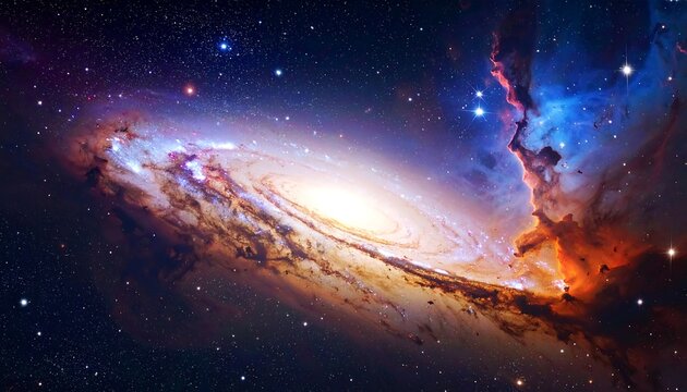 A spiral galaxy with brilliant blue and orange nebulas and a bright center, set against a dark starry background