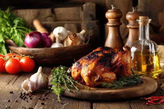 Juicy roasted chicken served with fresh vegetables on a wooden table