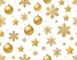 Golden Christmas ornaments, snowflakes, and stars on a white background