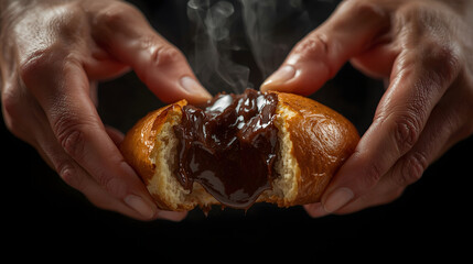 Hands holding a freshly baked, steaming pastry, revealing rich, dark chocolate filling.