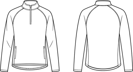 Quarter zip pullover jacket front and back flat fashion vector template with raglan sleeves and athletic performance wear technical sketch