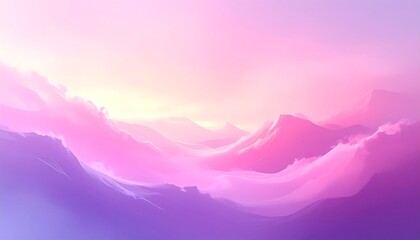 Gradient landscape painting featuring layered mountain silhouettes with pink and purple hues under a soft, bright sky
