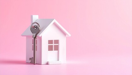 White house model with silver key on pink—symbolizing home ownership, new beginnings, and the charm of modern real estate.