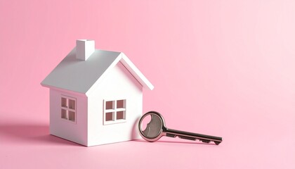 White house model with silver key on pink—symbolizing home ownership, new beginnings, and the charm of modern real estate.