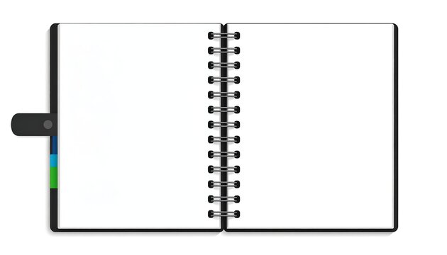 Open spiral-bound notebook with blank pages and page markers on a white background, presented in a minimalist style