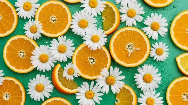 Vibrant citrus slices and daisy flowers on a teal background