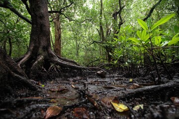 Dense mangrove forest with gnarled roots in dark, wet mud, surrounded by lush green foliage