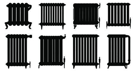 Cast Iron Radiators Silhouette Collection — Ideal for Interior Design Plans, Home Renovation Mockups, Heating Equipment Illustrations, Retro Decor Projects, Technical Drawings, and Digital Graphics