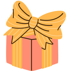 Hand drawn coral pink gift box with yellow ribbon bow isolated on white background with vertical stripes accent detail