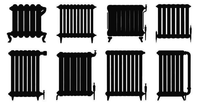Cast Iron Radiators Silhouette Collection — Ideal for Interior Design Plans, Home Renovation Mockups, Heating Equipment Illustrations, Retro Decor Projects, Technical Drawings, and Digital Graphics