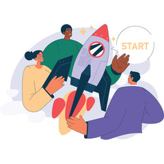 Diverse team launching rocket ship to start new project with enthusiastic expressions bright colors and clean lines against a white background symbolizing business growth and innovation