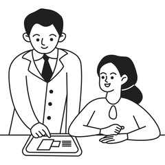Doctor and patient collaborating over a tablet device displaying information with a white background and a clean line art style