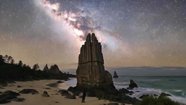Long Exposure Photograph of the Starry Night Sky and Milky Way Galaxy Arising Above a Standing Stone on a